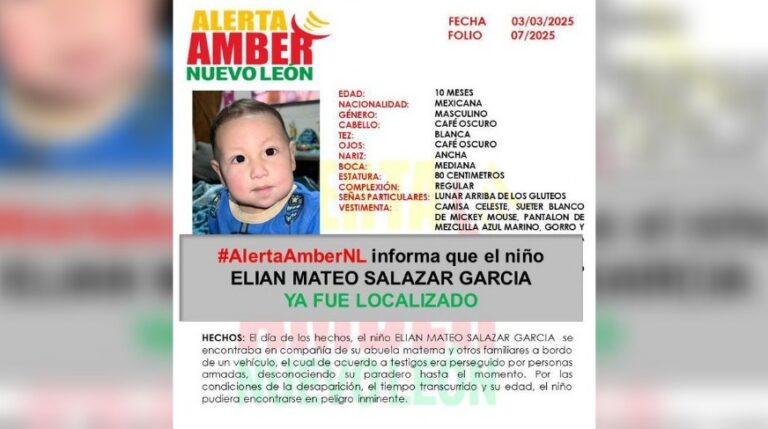 Localizan con vida a Elian Mateo, bebé secuestrado en Higueras, NL