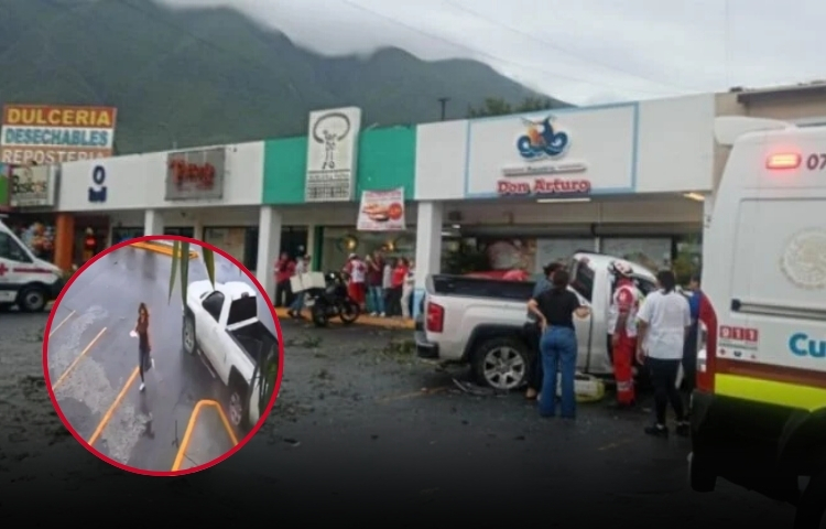 Camioneta fuera de control irrumpe en plaza comercial de Monterrey; mujer logra esquivarla