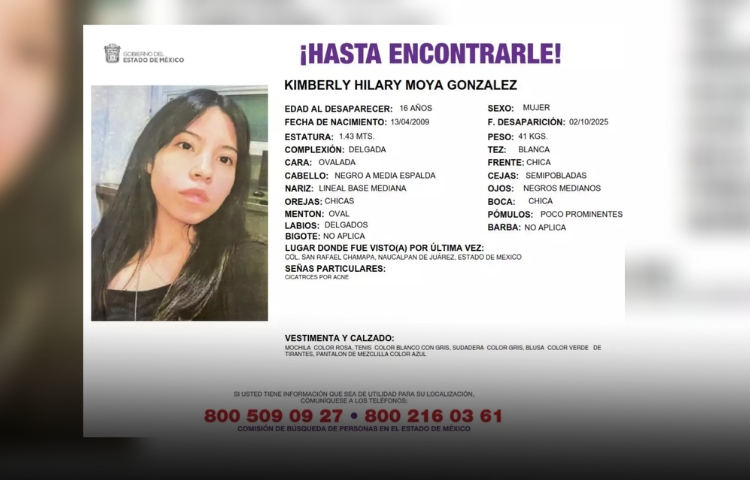 Buscan a Kimberly Moya, estudiante del CCH Naucalpan desaparecida en el Estado de México