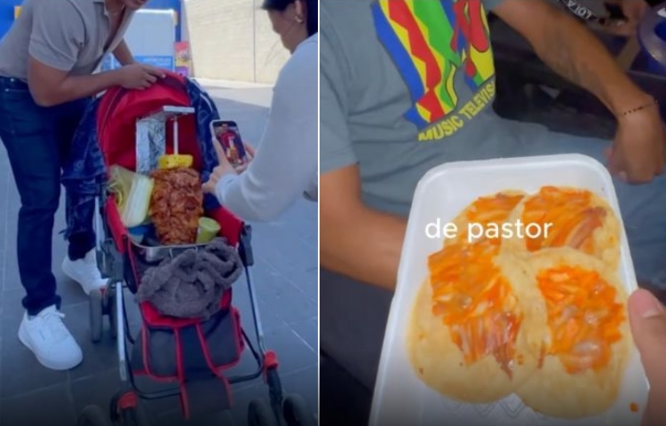 Hombre lleva un trompo de carne al pastor al cine y reparte tacos durante la función