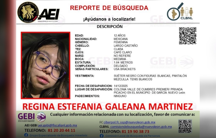 Familia busca a Regina, menor de 12 años desaparecida en Cumbres