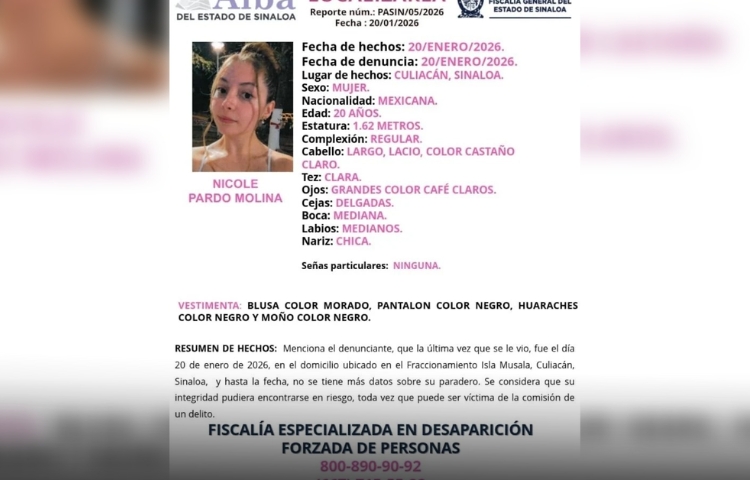 Buscan a joven de 20 años reportada como desaparecida en Culiacán